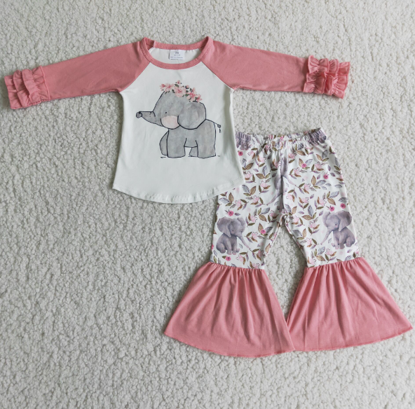 Elephant and Flower Pink Long Sleeve Flared Pants Set