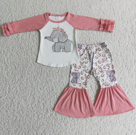 Elephant and Flower Pink Long Sleeve Flared Pants Set
