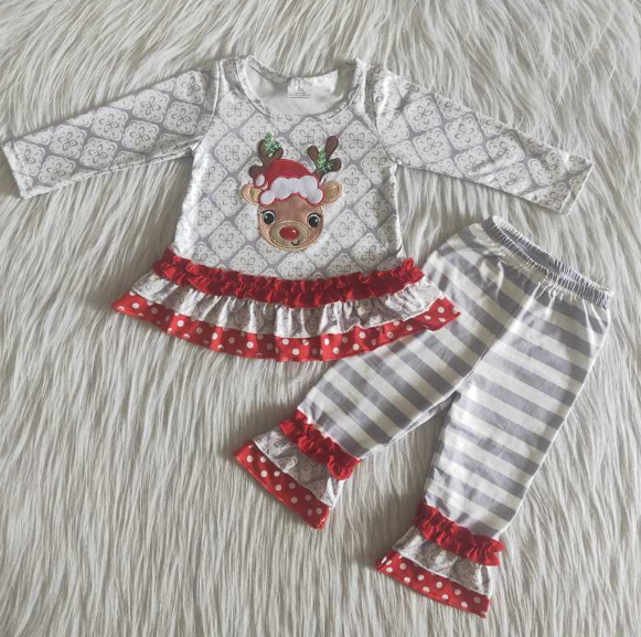 Embroidered deer head grey and white striped pants with red lace set