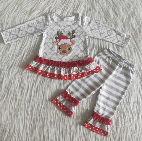 Embroidered deer head grey and white striped pants with red lace set