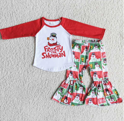 FROSTy Hat Snowman Red Long Sleeve Red and Green Flared Pants set