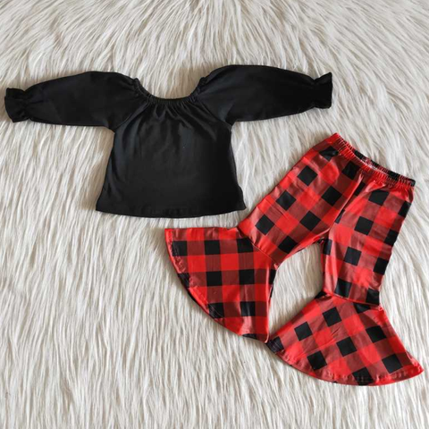 6 A15-13 Girls Black Top Red Plaid Pants Set