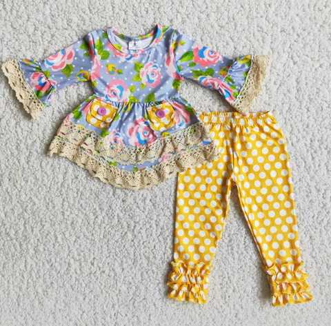 Grey Floral Yellow Polka Dot Pants Lace set