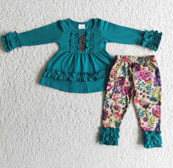 Teal Lace Floral Pants Set