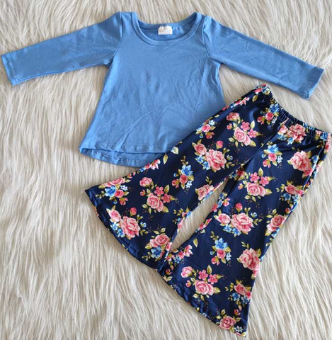 4-color suit series blue top + printed wide