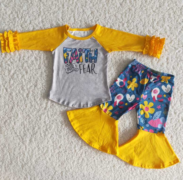 faith fear yellow long sleeve panelled flared pants set