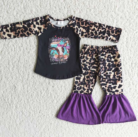Bull Head Letter Top Leopard Print Purple Flared Pants Set