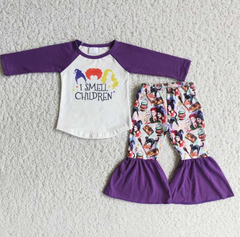 I smell children Alphabet Long Sleeve Top Patterned Purple Halloween Flared Pants Set