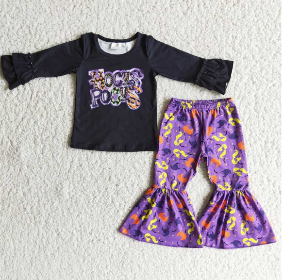 HOCUS POCUS Black Long Sleeve Top Purple Flared Pants Set