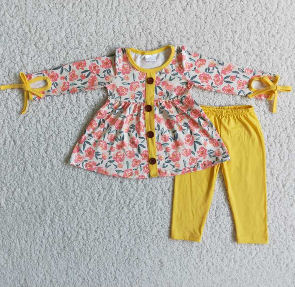 Flower Button Yellow Pants Long Sleeve Set