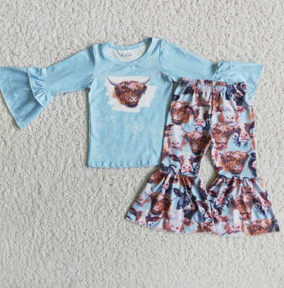 Bull Tau Blue Long Sleeve Top Bull Tau Flared Pants Set