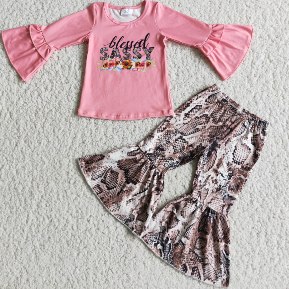 sassy long-sleeved top snakeskin flared pants set