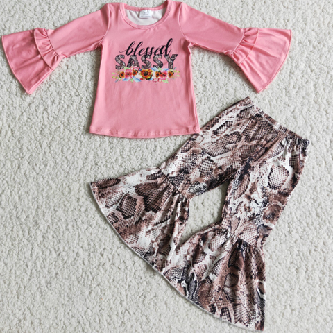 sassy long-sleeved top snakeskin flared pants set