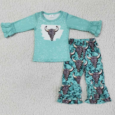 Bull Tau Polka Dot Green Long Sleeve Top Bull Tau Ruffle Trousers Set