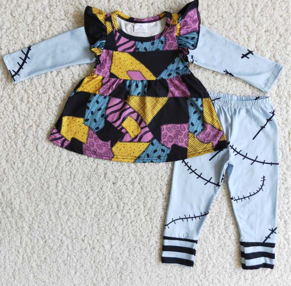 Halloween Long Sleeve Top Patch Striped Pants Set