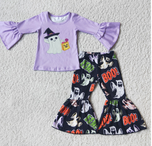 Halloween Purple Long Sleeve Top BOO Flared Pants Set