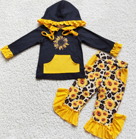 Black Long Sleeve Hoodie Sunflower Flare Pants Set