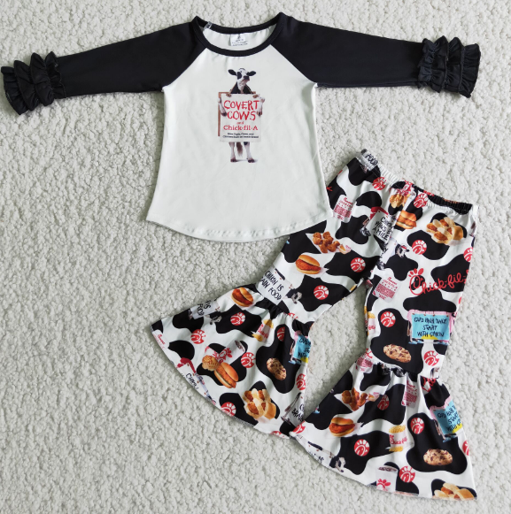 covert cows black long sleeve cow top flared pants set