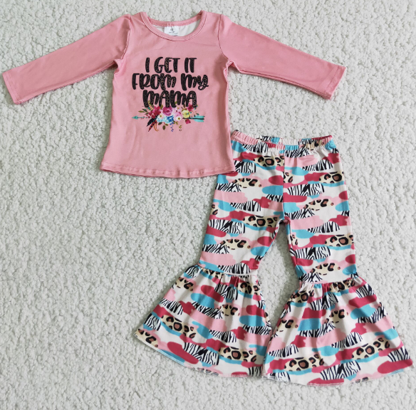 From my mama pink long-sleeved floral top flared pants set