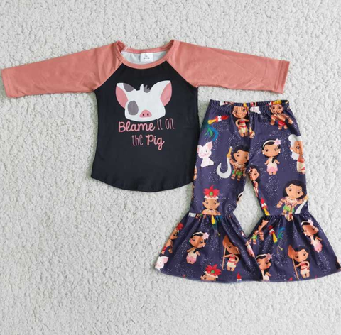 blame it on the pig long sleeve pig top flared pants set