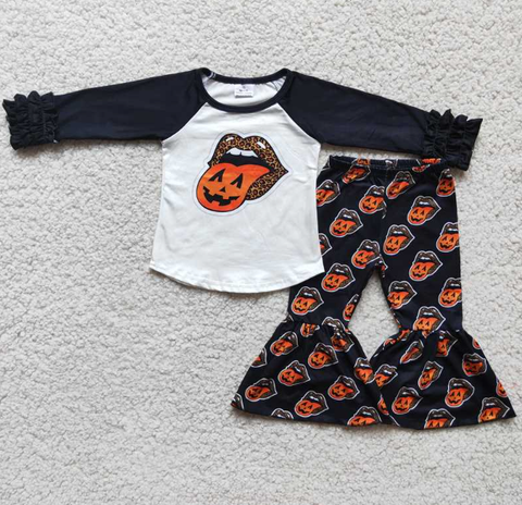 Tongue Leopard Black Long Sleeve Top Flare Pants Set