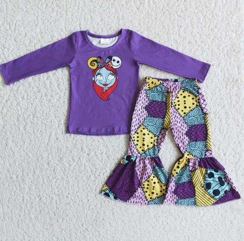 Halloween Purple Long Sleeve Top Flare Pants Set