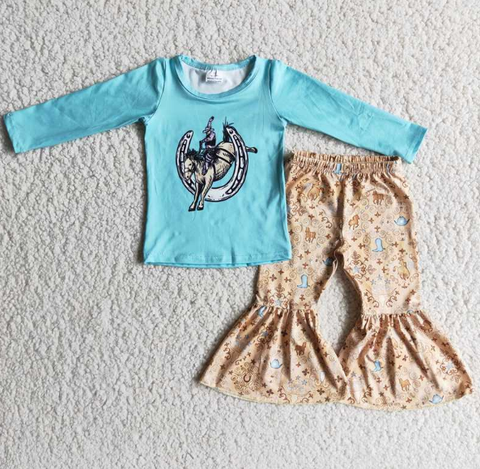 Riding Blue Top and Silver Flared Pants Set