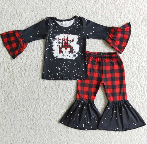 Black Flared Sleeve Top Plaid Flared Pants Set