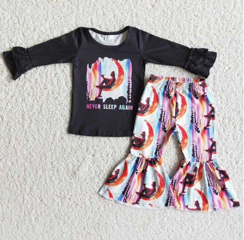 Never sleep again Black Long Sleeve Top Flare Pants Set