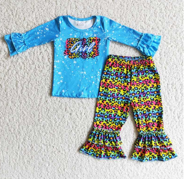Gire Blue Long Sleeve Top Leopard Pants Set