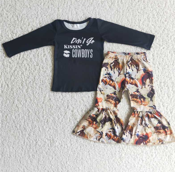 cowboys Black Long Sleeve Cow Flared Pants Set