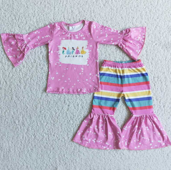 Friends Pink cartoon Long Sleeve Colorful Striped Pants Set