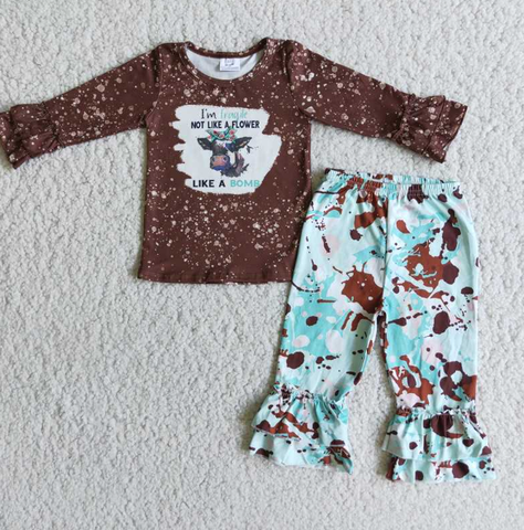 Bull Tau Brown Long Sleeve Ruffle pants set