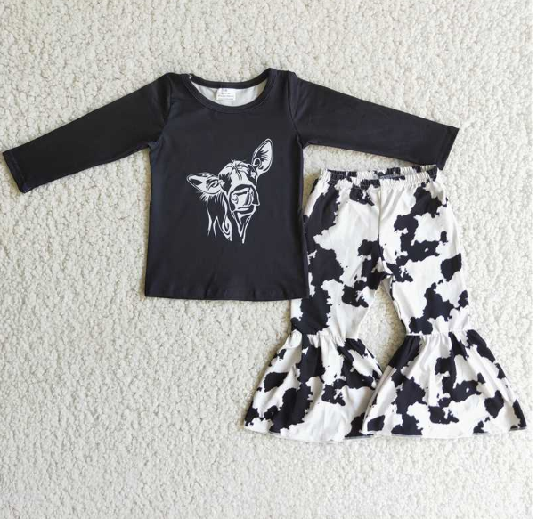 Cow Head Black Top Cow Flared Pants Set