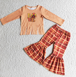 love tassel long-sleeved top red plaid flared pants set