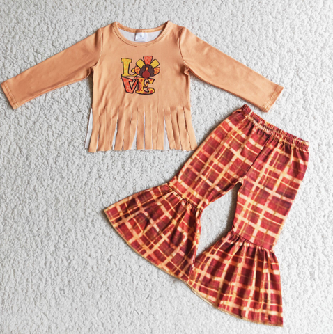 love tassel long-sleeved top red plaid flared pants set