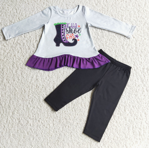 Shoe Embroidered Long Sleeve Top Black  Set