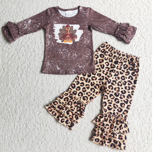 Brown Turkey Long Sleeve Top Leopard Pants Set