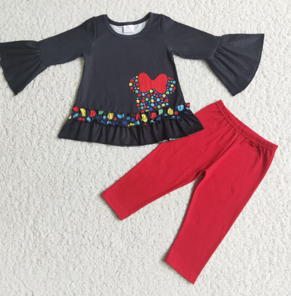 6 C8-36 CARTOON Bow Black Top Red Pants Set