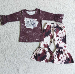 Cow Long Sleeve Donkey Top Ink Pattern Flared Pants Set