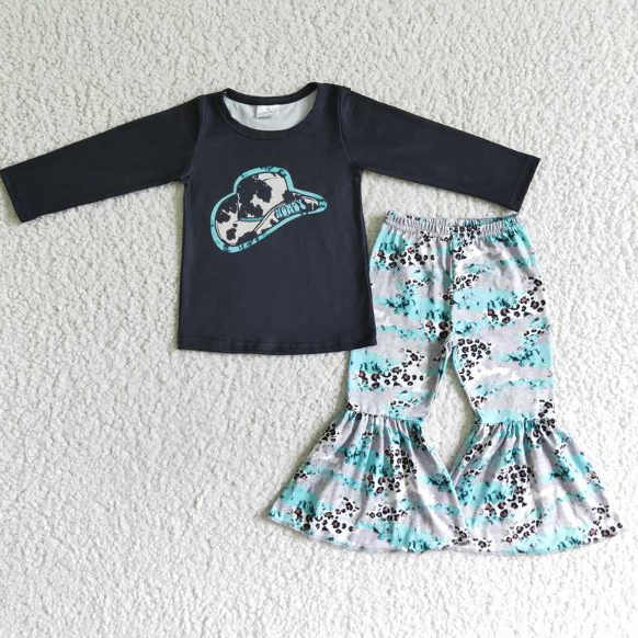 Howdy Hat Black Long Sleeve Top Flare Pants Set