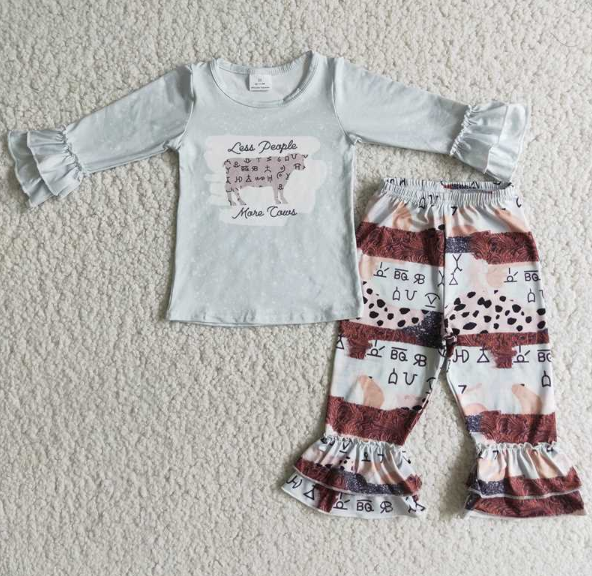 Cartoon cow grey long-sleeved top ruffled trousers set