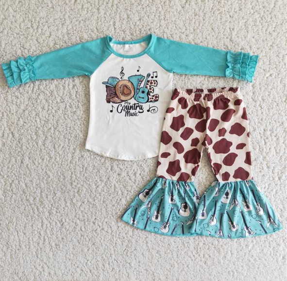 MUSIC Guitar Light Green Long Sleeve Leopard Print Flared Pants Set