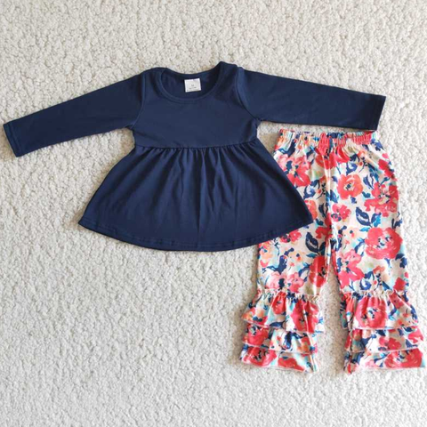 Navy Blue Long Sleeve Floral Trousers Set