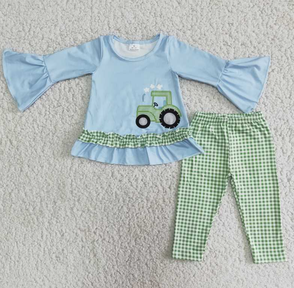 Girls Blue Tractor Top Plaid pant  Set