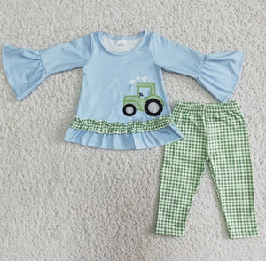 Girls Blue Tractor Top Plaid pant  Set
