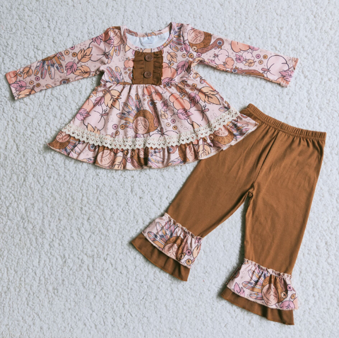 Turkey Pumpkin Top Brown Ruffle  pants set