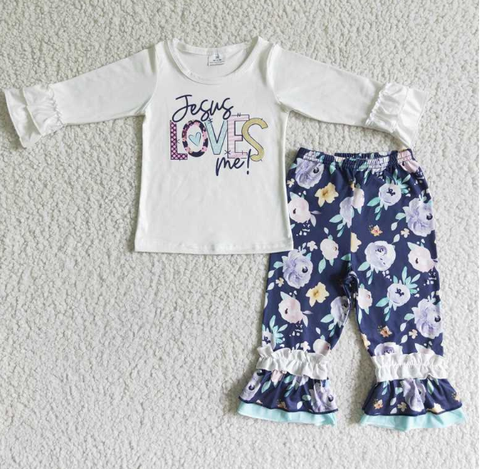 6 A7-12 Jesus Loves Me White Top Flower pant set