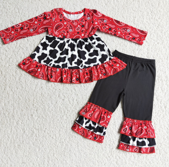 Red top and black ruffled pant set