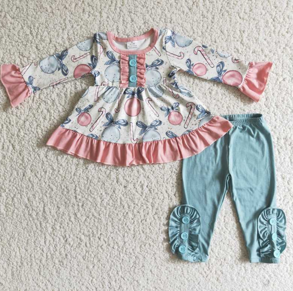 Pink Blue Ball Long Sleeve Top Light Blue pant set